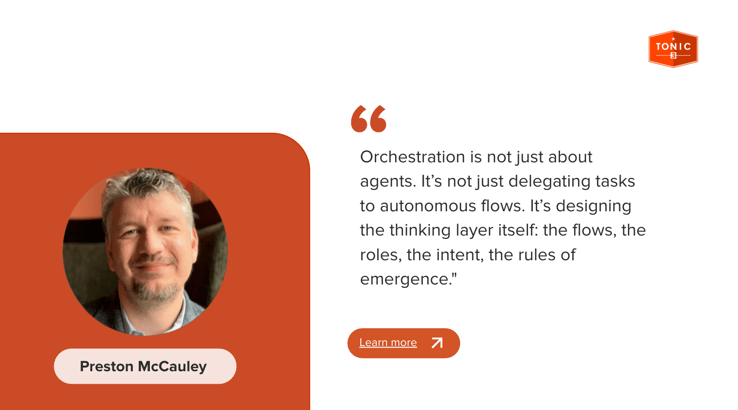 Headshot of VP Innovation and Emerging Tech Preston McCauley with quote about design thinking and orchestration